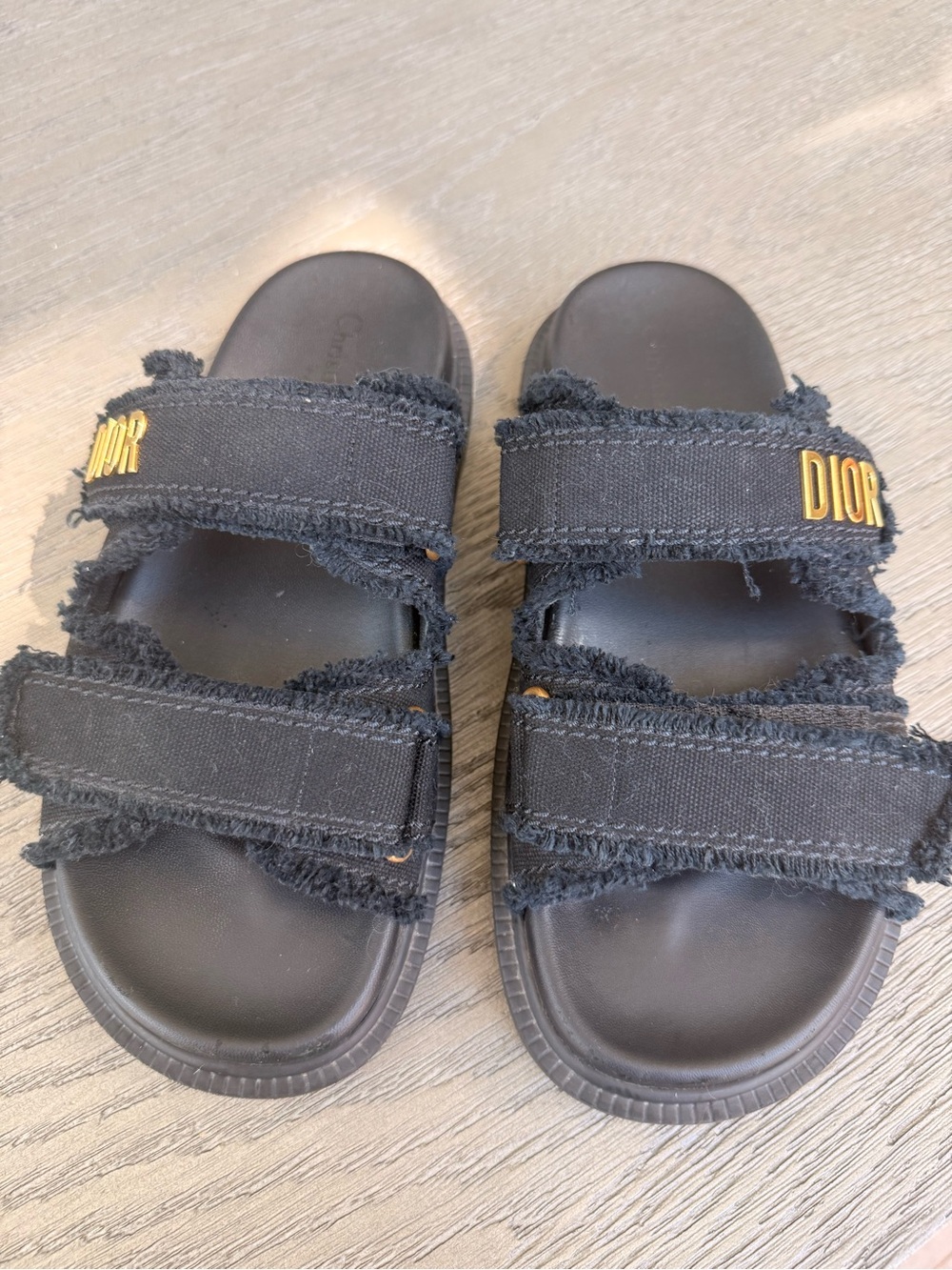 Dior Black Frayed Double-Strap Slide Sandals with Gold Logo - Picture 1 of 7